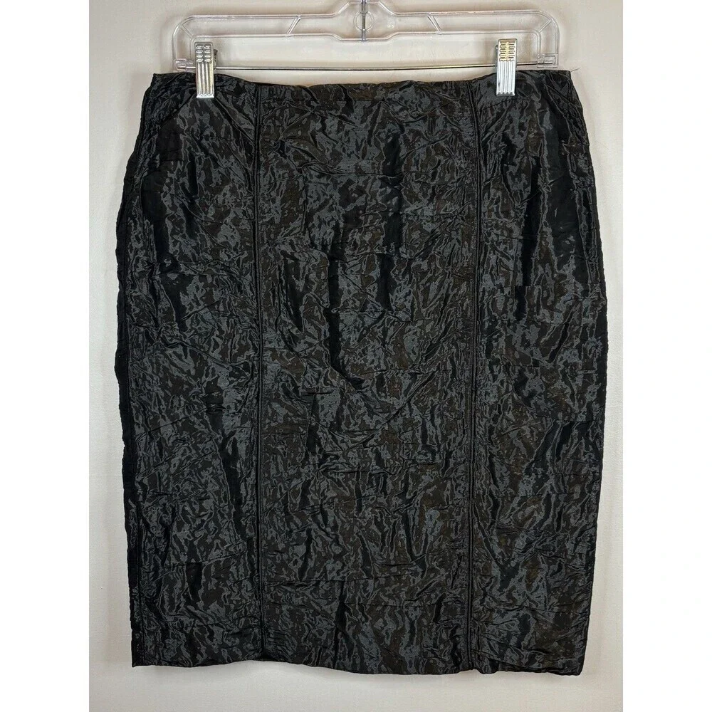 WORTH Black Taffeta Wrinkled Pencil Skirt 4 Knee Length Zip Textured Lined Metal